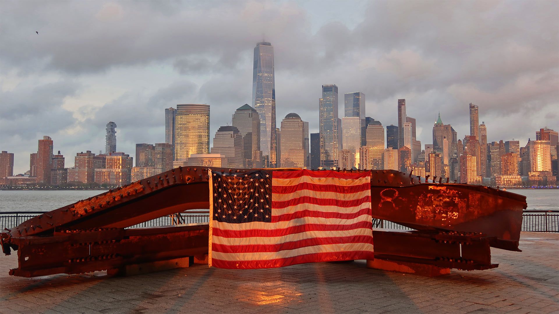 1920x1080 US Flag On Part Of A 9 11 Memorial Overlooking The New York Skyline From Exchange Place, Jersey City, New Jersey