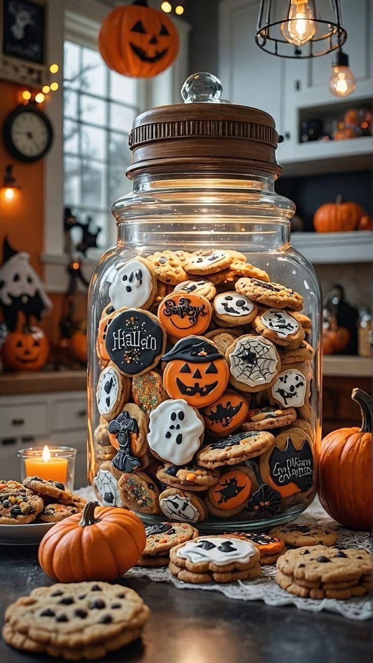 736x1308 Halloween themed food for party. Halloween decorations with cookies, Halloween cookies decorated, Halloween baking outfit ideas