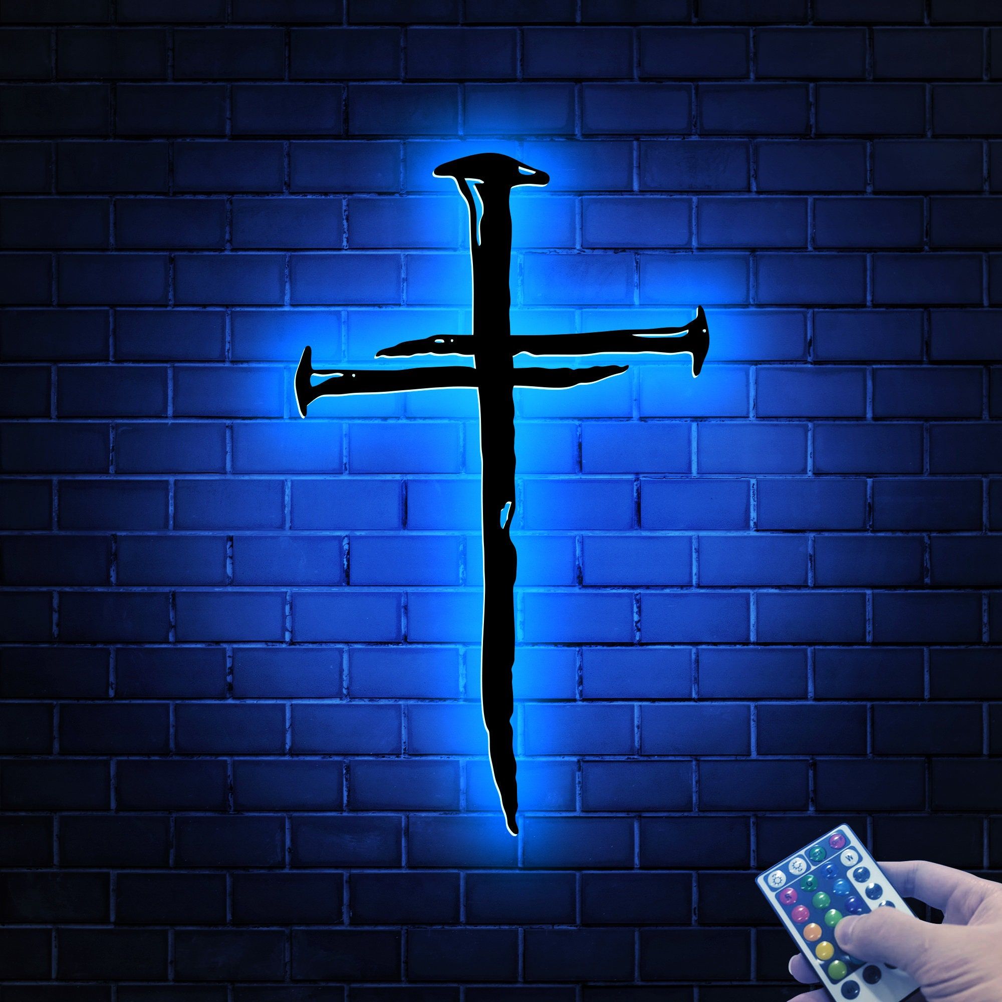 2000x2000 Crucifixion Nails Cross Metal Wall Art With LED Lights