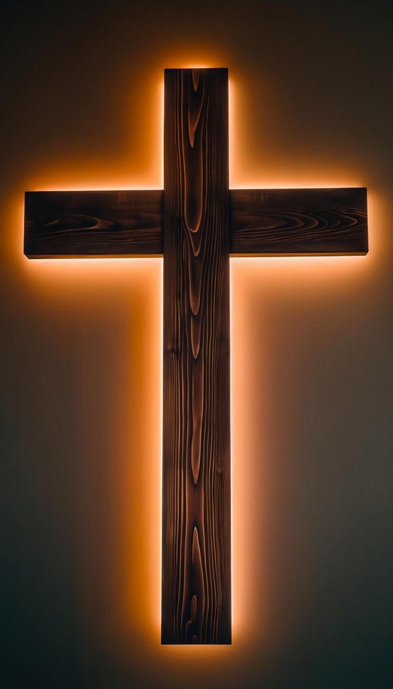 768x1344 Serene Wooden Cross with Amber Glow Minimalist Mobile Wallpaper