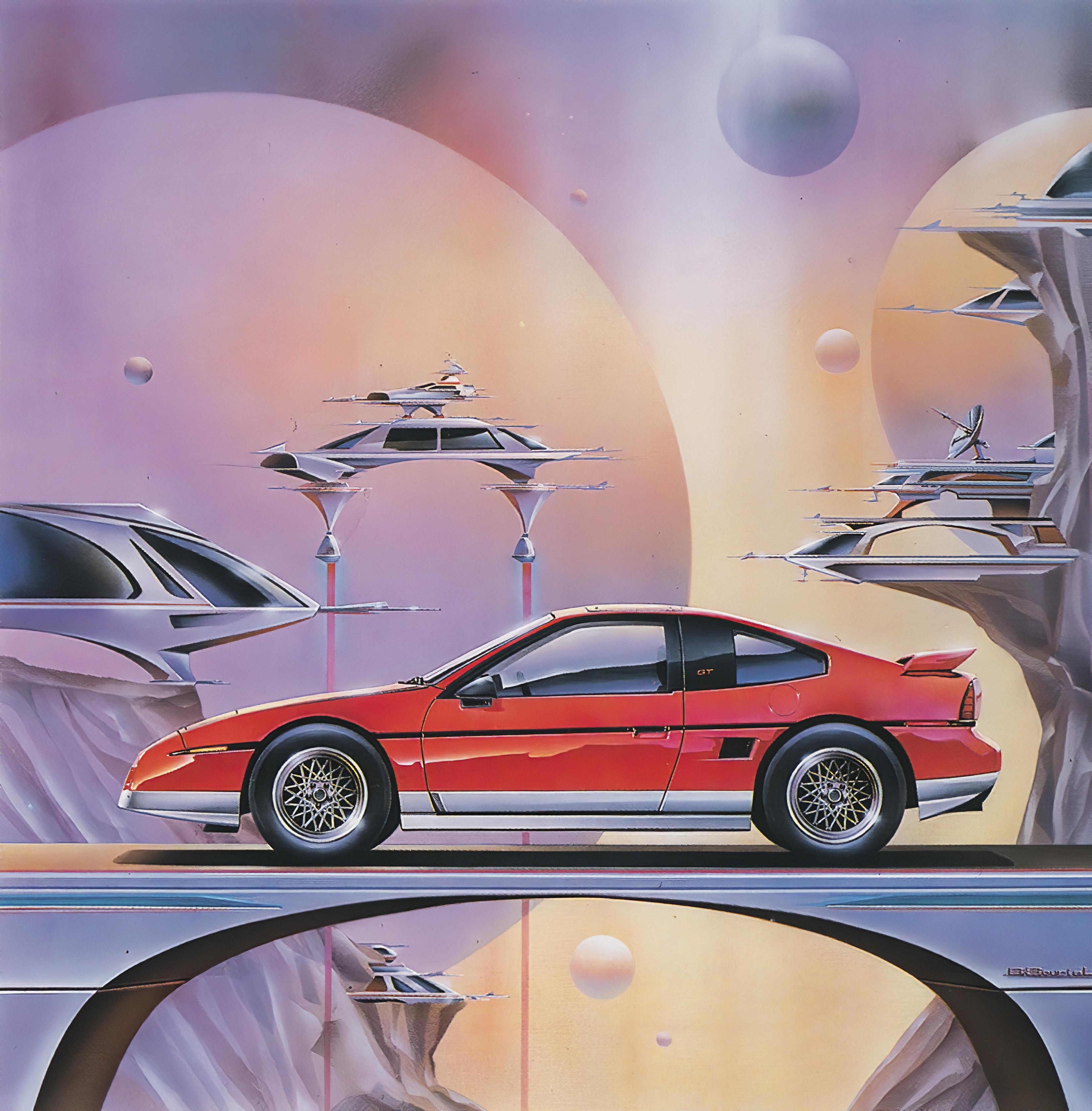 3840x3906 4K upscale of the Pontiac Fiero artwork by Brian Sauriol (1988)