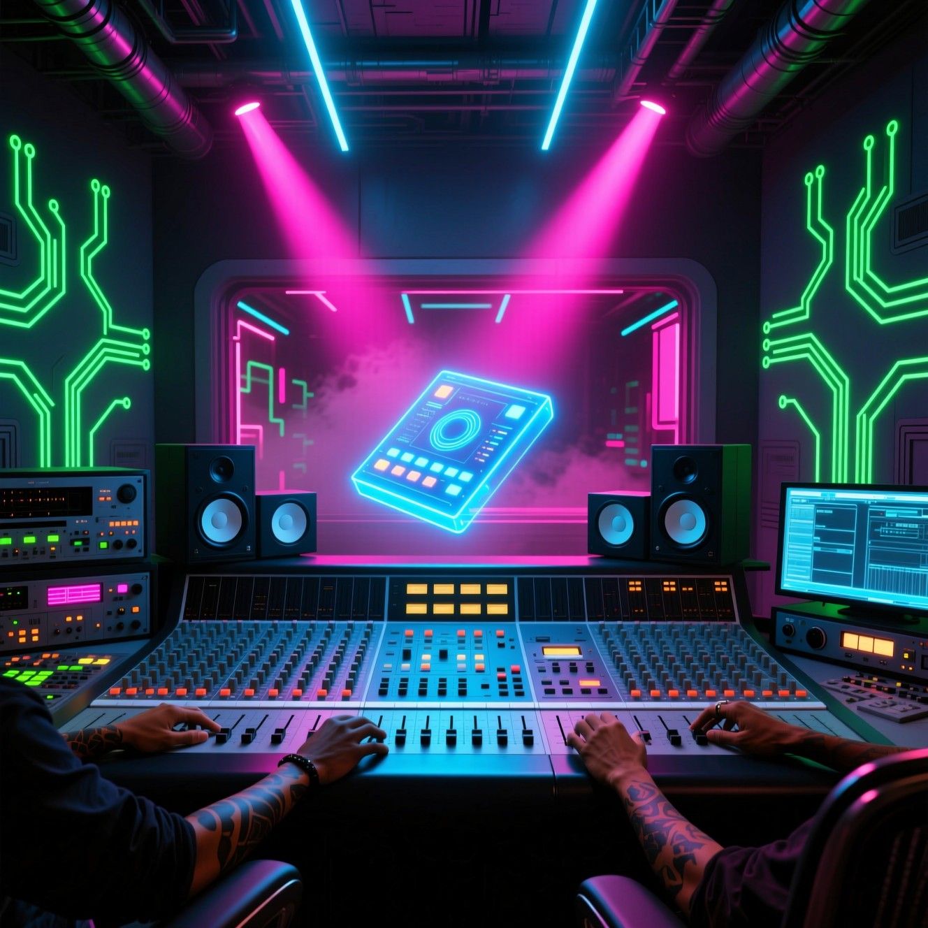 1328x1328 Download Cyberpunk Audio Lab Image, Neon, Studio
