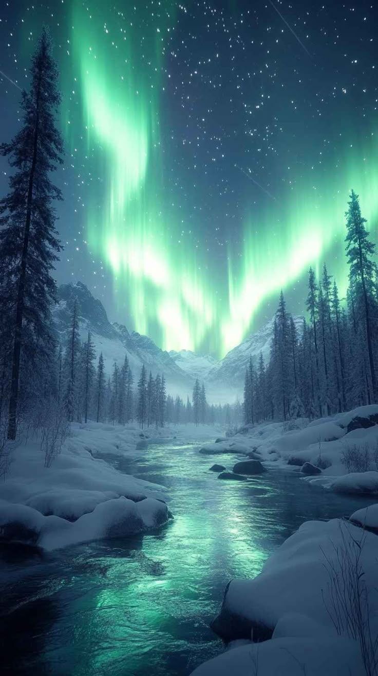 736x1313 8K Aurora Borealis Winter River Mobile Wallpaper: iPhone Background
