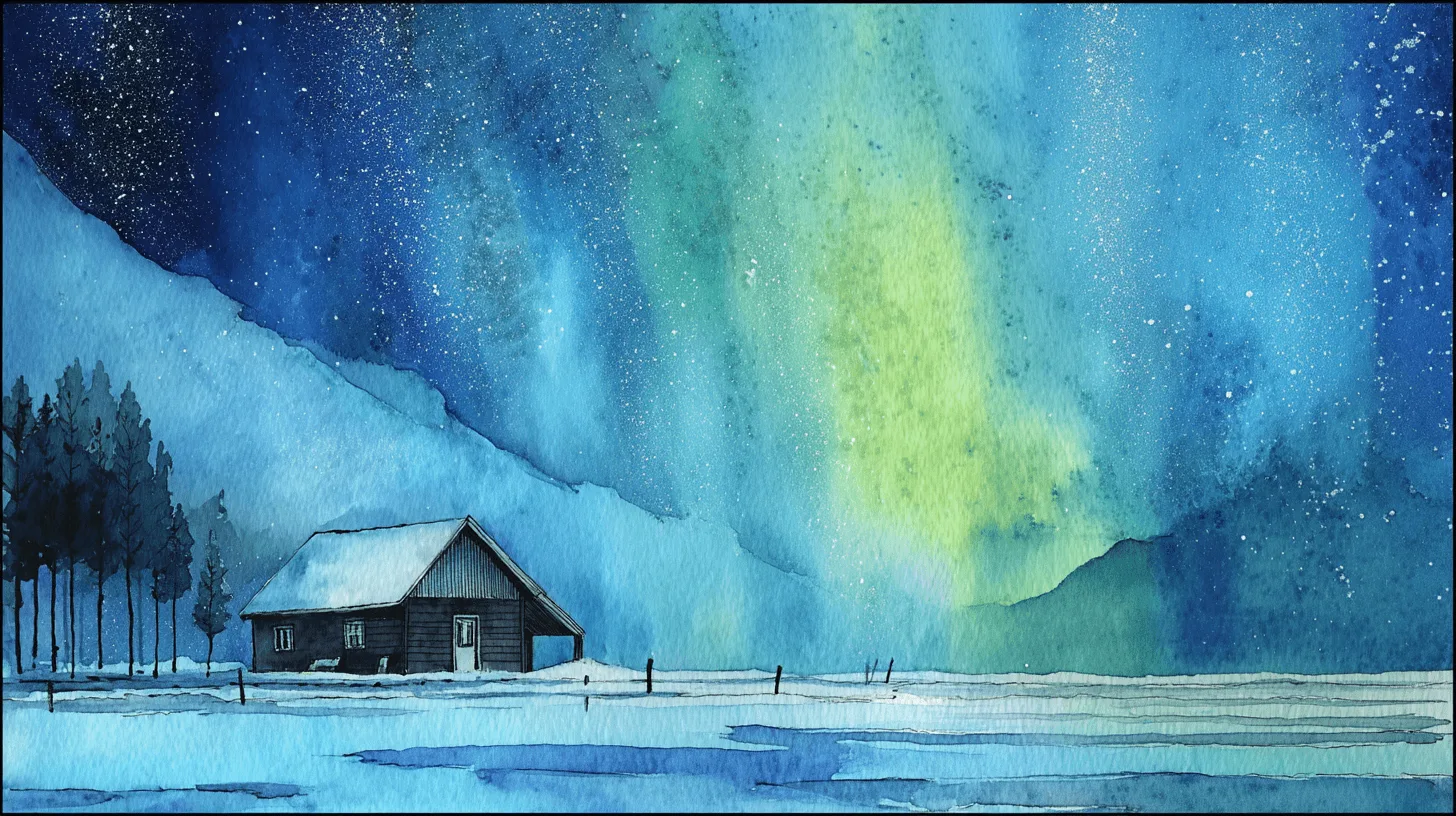 1456x816 Tranquil Winter Cabin Under Northern Lights Wall Mural