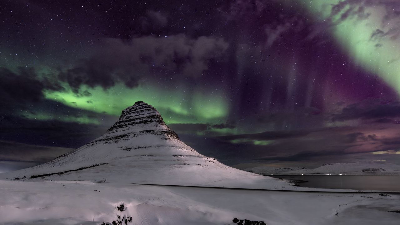 1280x720 Wallpaper mountain, snow, northern lights, winter, night hd, picture, image