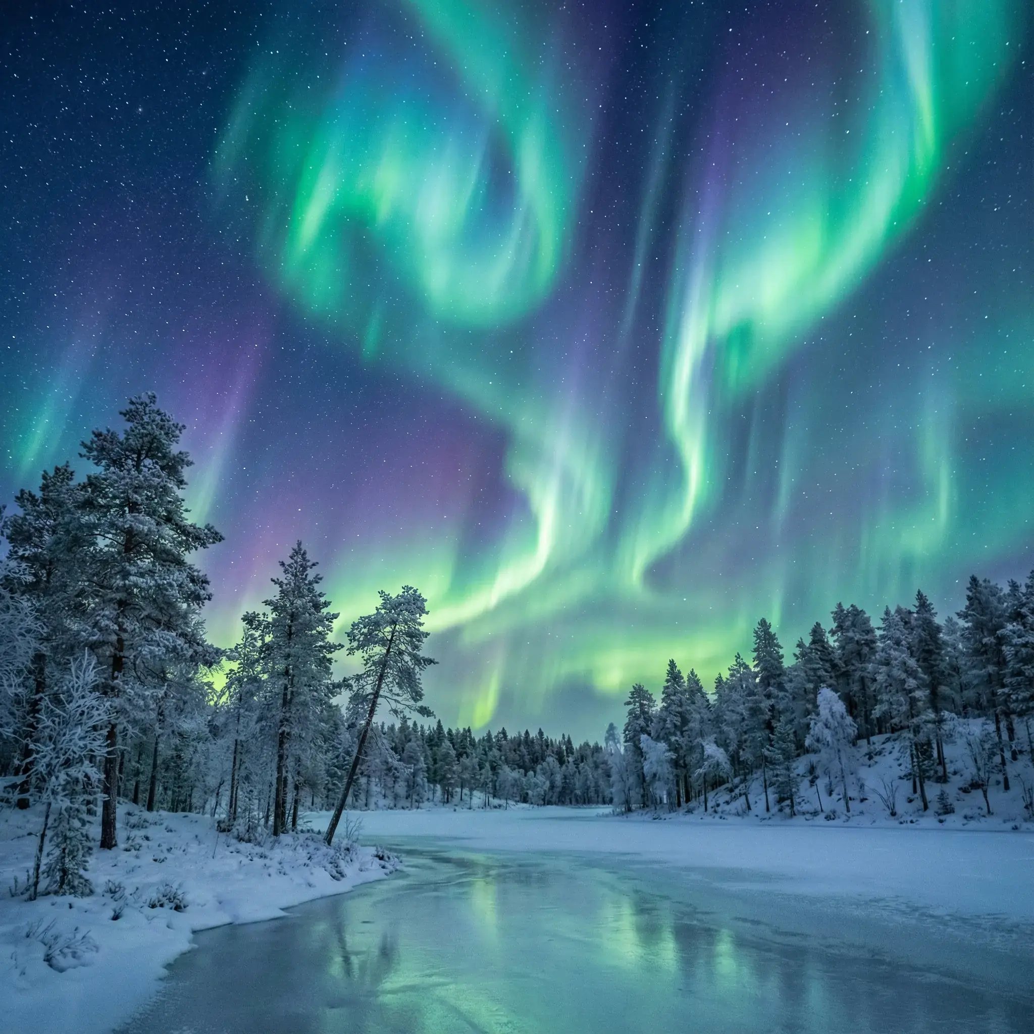 2048x2048 Northern Lights over the winter forest magic of the night