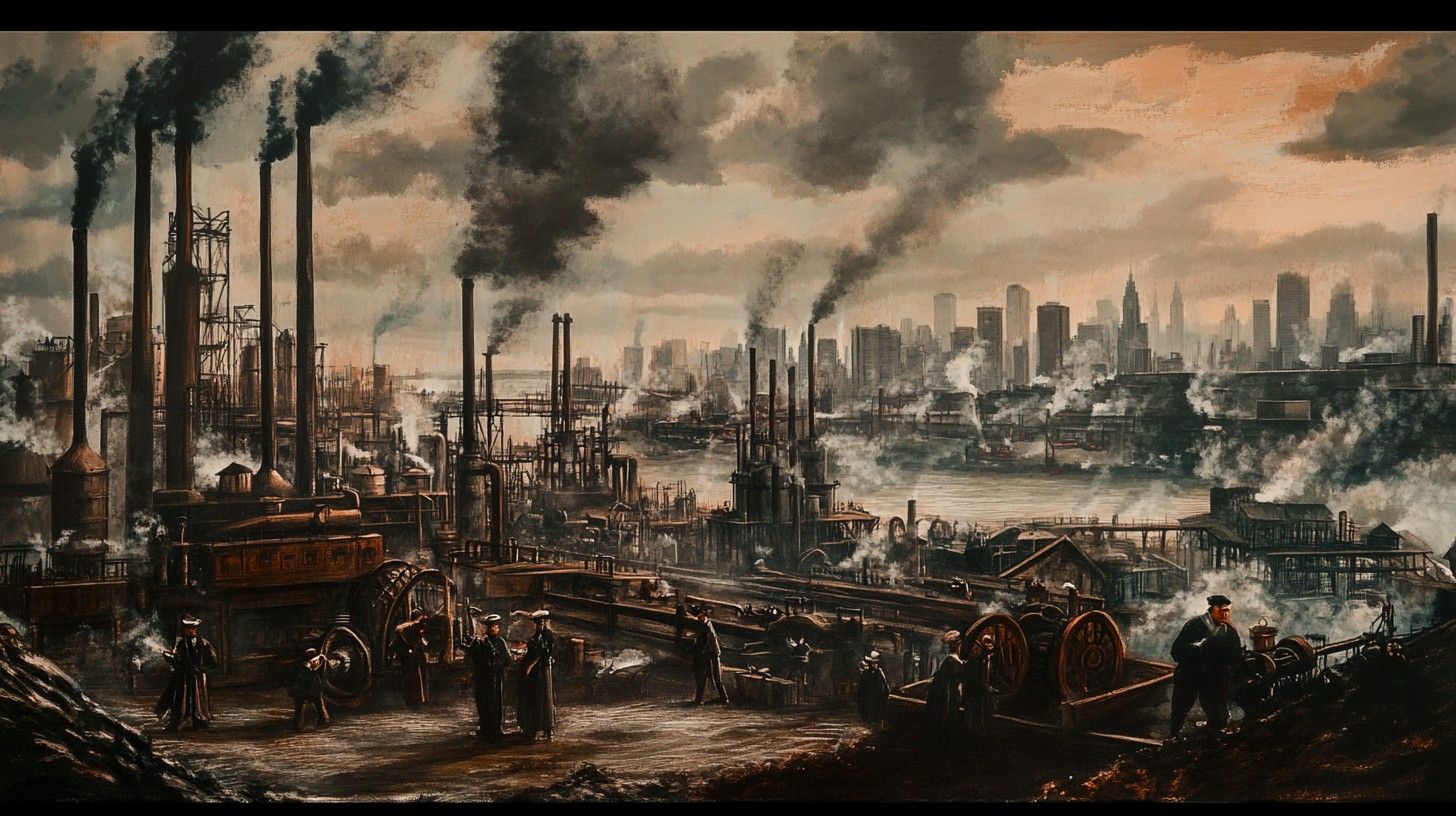1456x816 Download Industrial age painting Image, Sunset, Painting