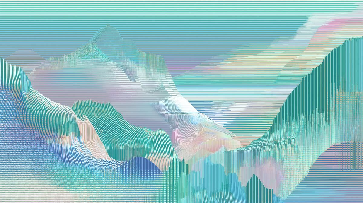 1200x673 Glitch Mountain Mural Wallpaper in Cool Blue and Green