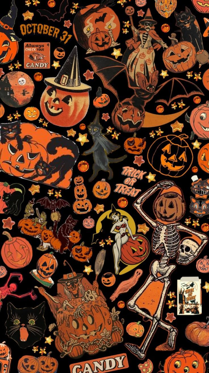 736x1308 halloween #black #orange #vintage #pumpkin #skeleton #bats #halloweenaesthetic #dark #wallpaper #background #fyp #fyps