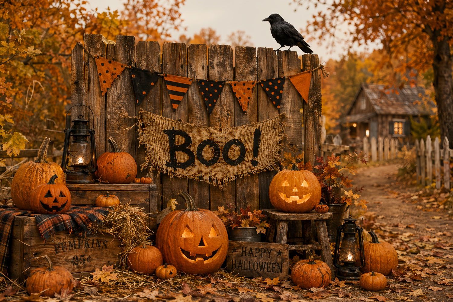 1500x1000 Halloween Backdrop For Photo Booth Rustic Boo Pumpkin Fence Cute Halloween Backdrop LXX67- 7'W*5'H(2.2*1.5m)