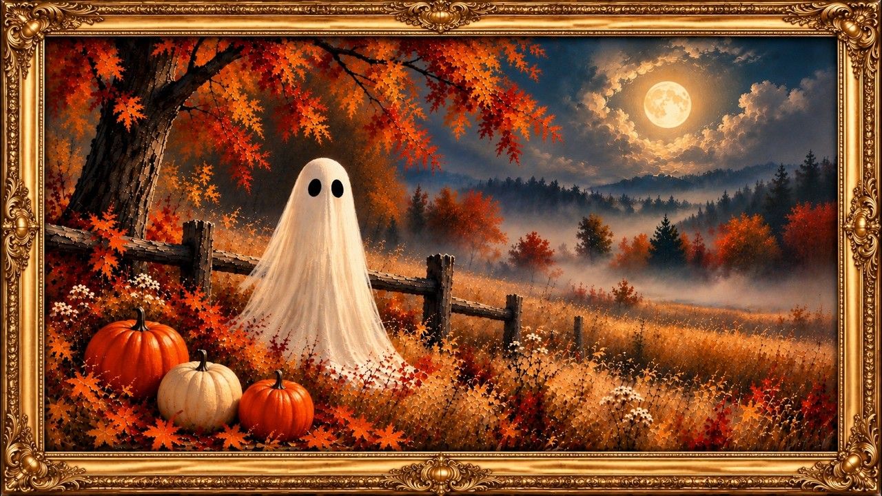 1280x720 Haunting Autumn Ghost Art 4K. Halloween Frame TV Art & Framed Screensaver