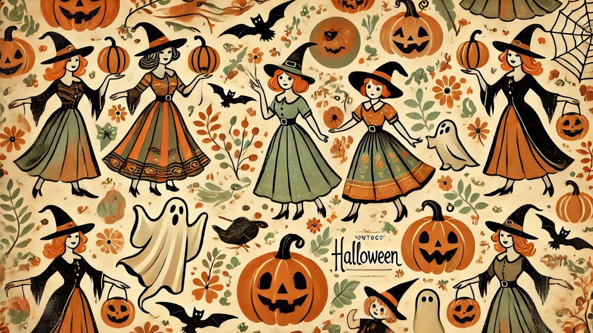 1920x1080 Vintage Halloween Wallpaper With A Retro Feel. It Features Old Fashioned Witches, Friendly Ghosts, And Classic Pumpkins In A Palette Of Muted Orange HD Halloween Wallpaper