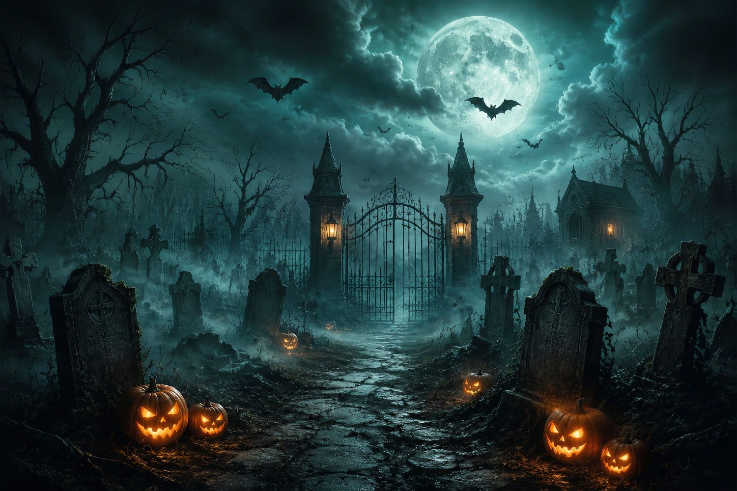 1500x1000 Halloween Forest Backdrop Foggy Cemetery Gate Pumpkins Vintage Halloween Backdrop LXX67- 7'W*5'H(2.2*1.5m)