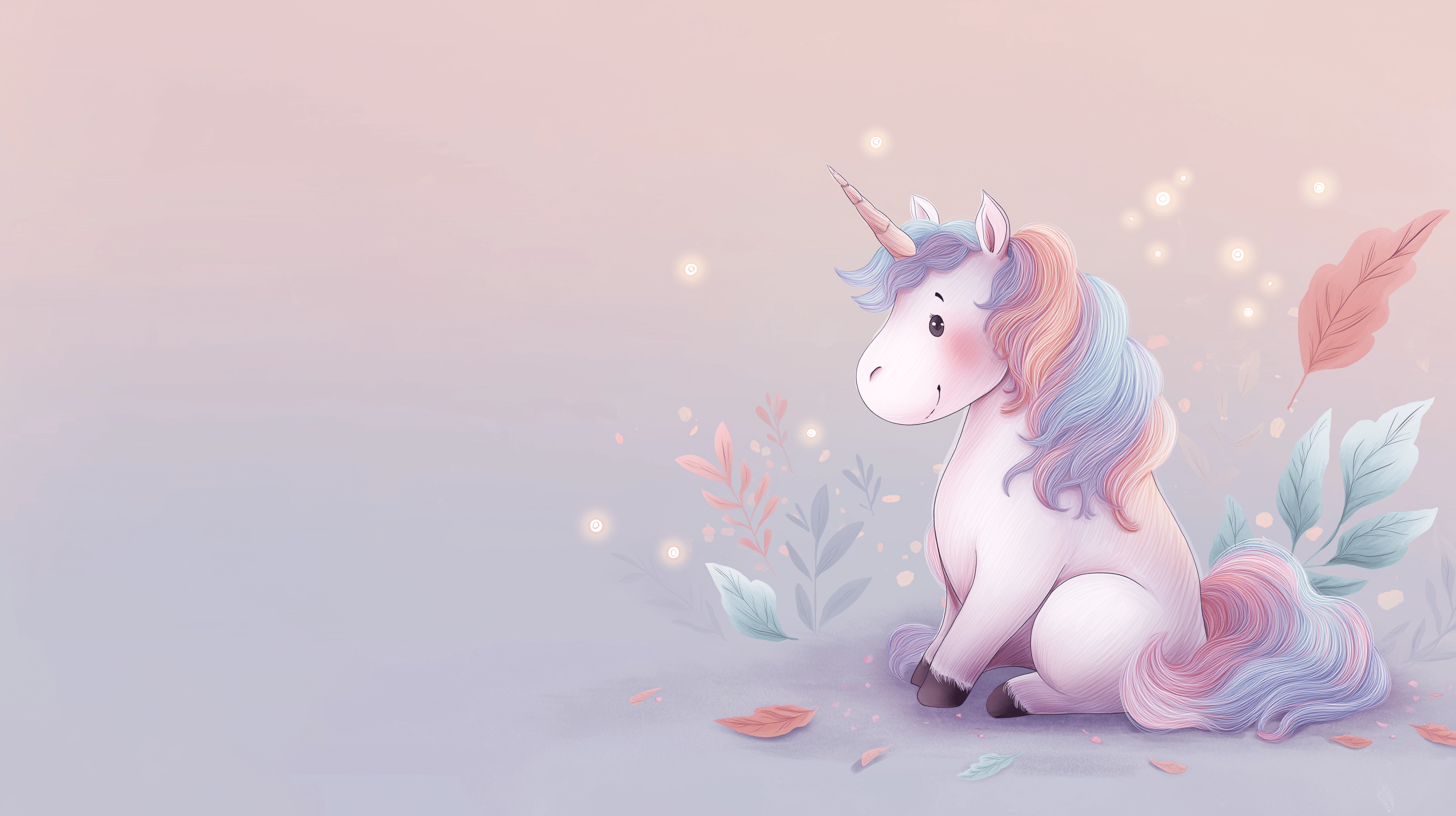 2912x1632 Kids room wallpaper. Pastel unicorn and magical nature