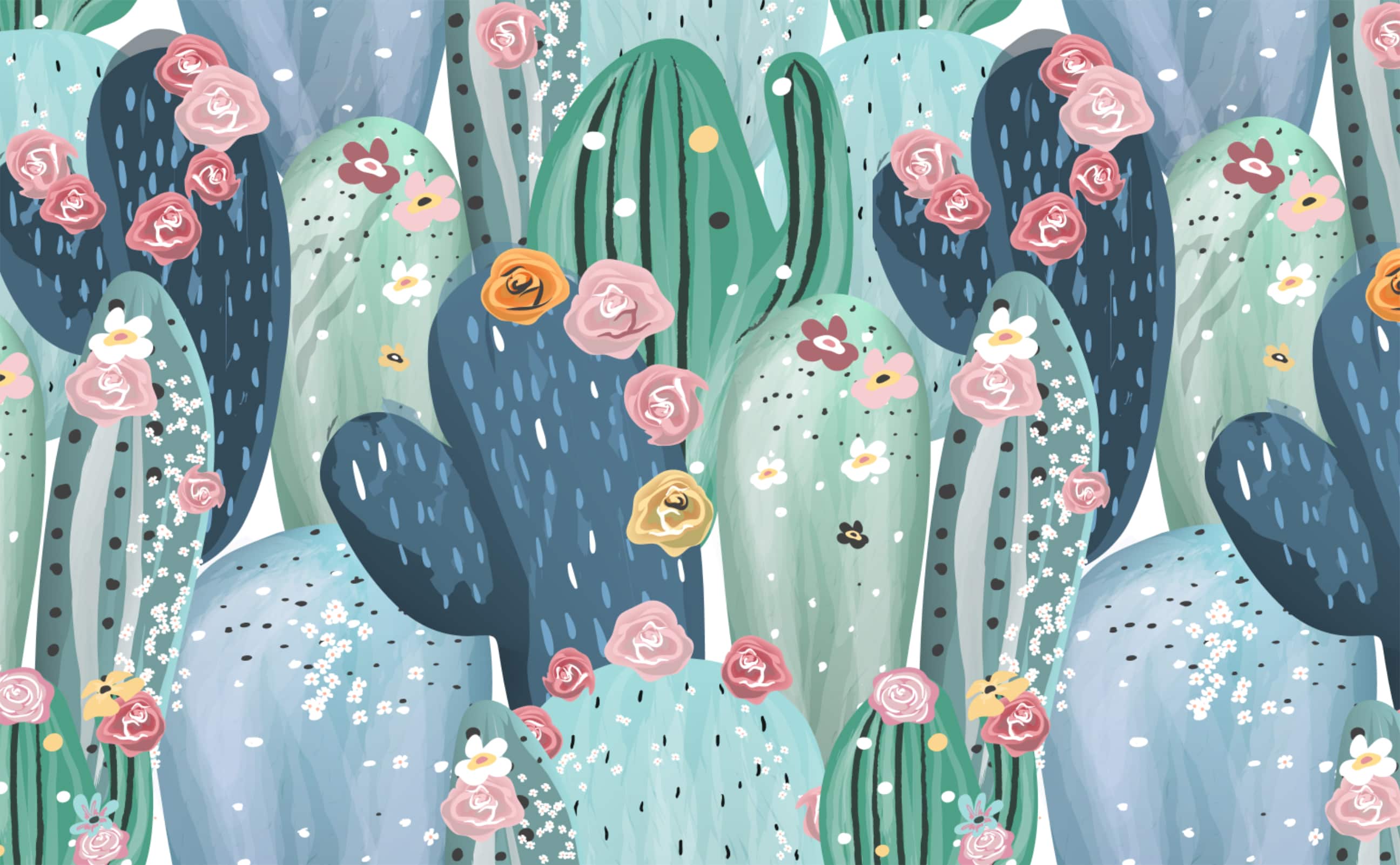 2592x1602 Pastel cactus blossom cute illustration seamless Wallpaper for Walls. Room to Bloom