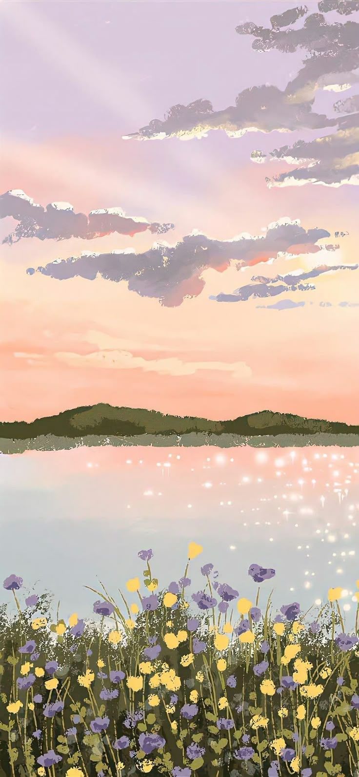 736x1591 Landscape Wallpaper with Pink Clouds. Pastel flower field artwork, Pastel floral landscape illustration, Aesthetic wallpaper