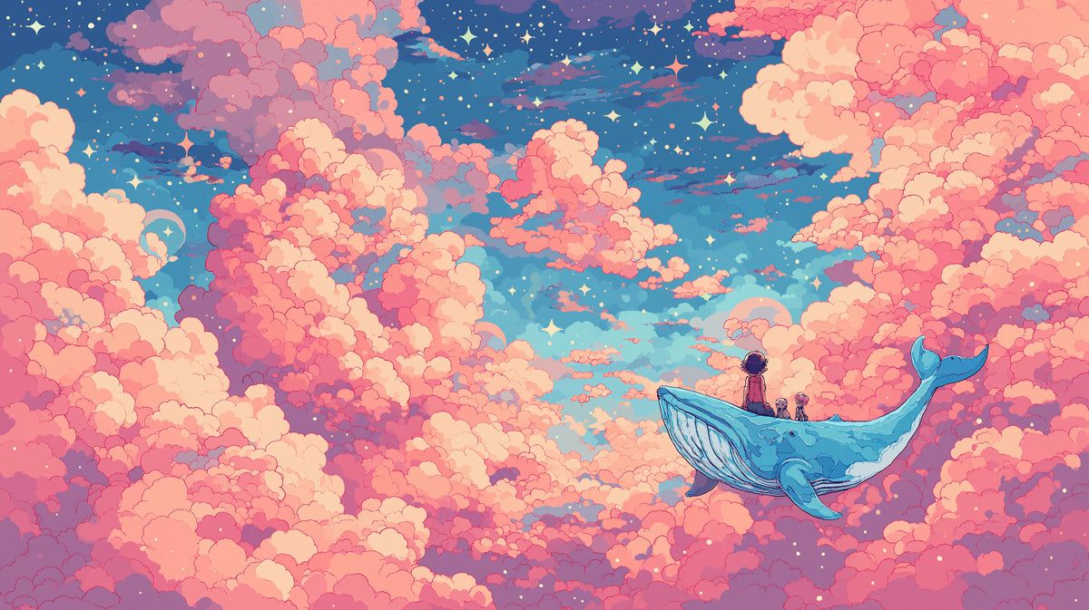 1200x673 Whimsical Flying Whale Cloud Wallpaper, Pastel Fantasy Nursery Mural, Dreamy Anime Style Wall Decor, Custom Kids Room Peel and Stick