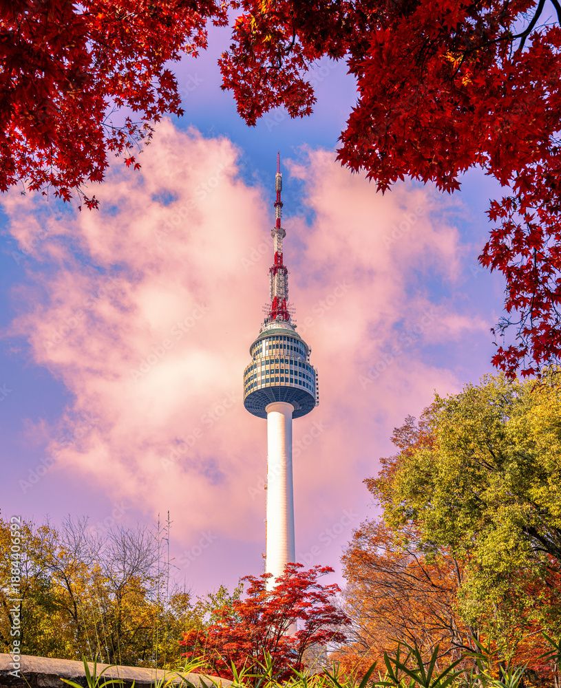 815x1000 Photography Poster Autumn sunset view of N Seoul Tower framed by vibrant maple trees and a traditional Korean pavilion on Namsan Mountain, showcasing Seoul city landmark and fall scenery. Wall Art