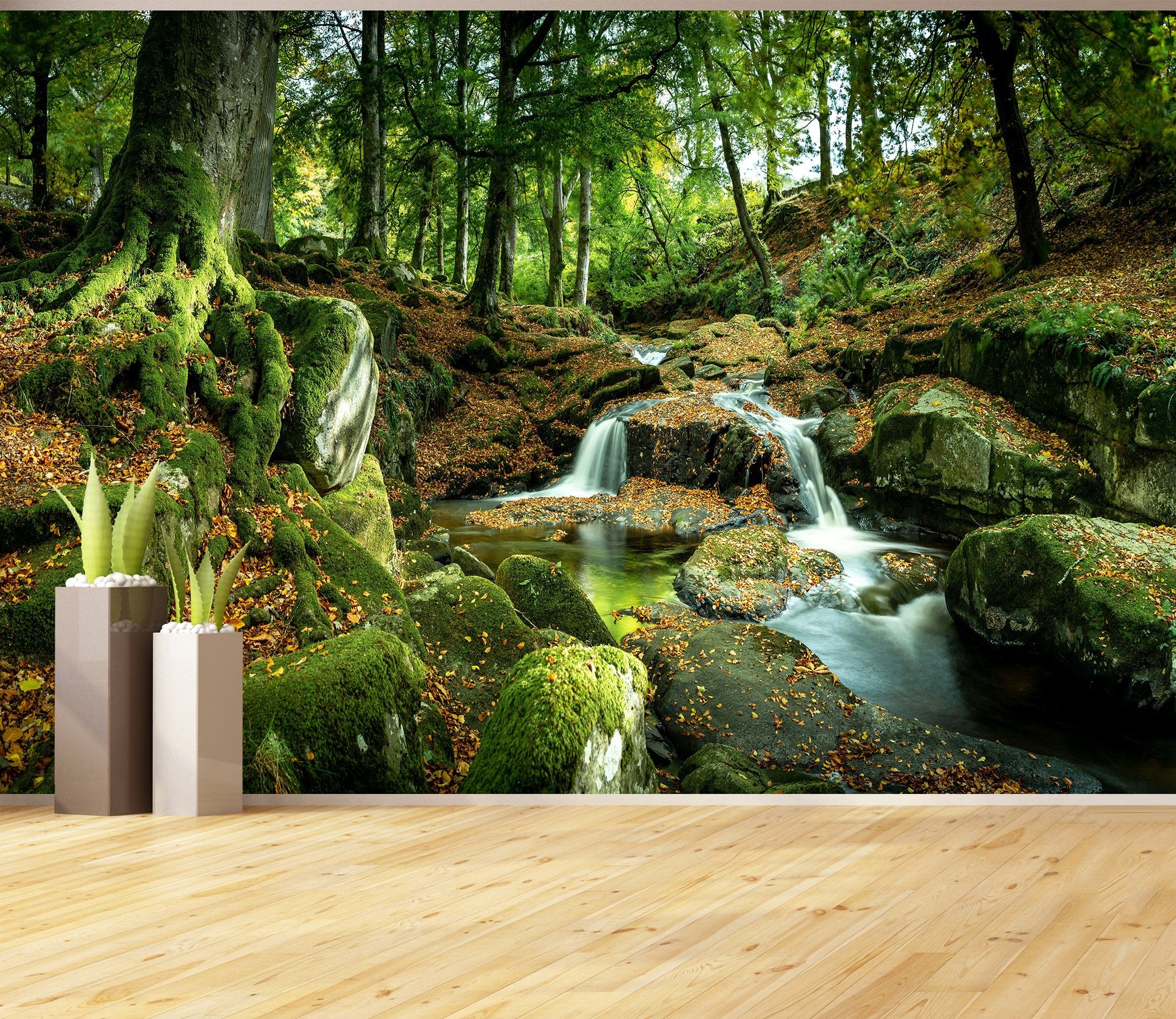 2126x1843 Forest Stream Waterfall Mural, Peel and Stick Photo Wallpaper