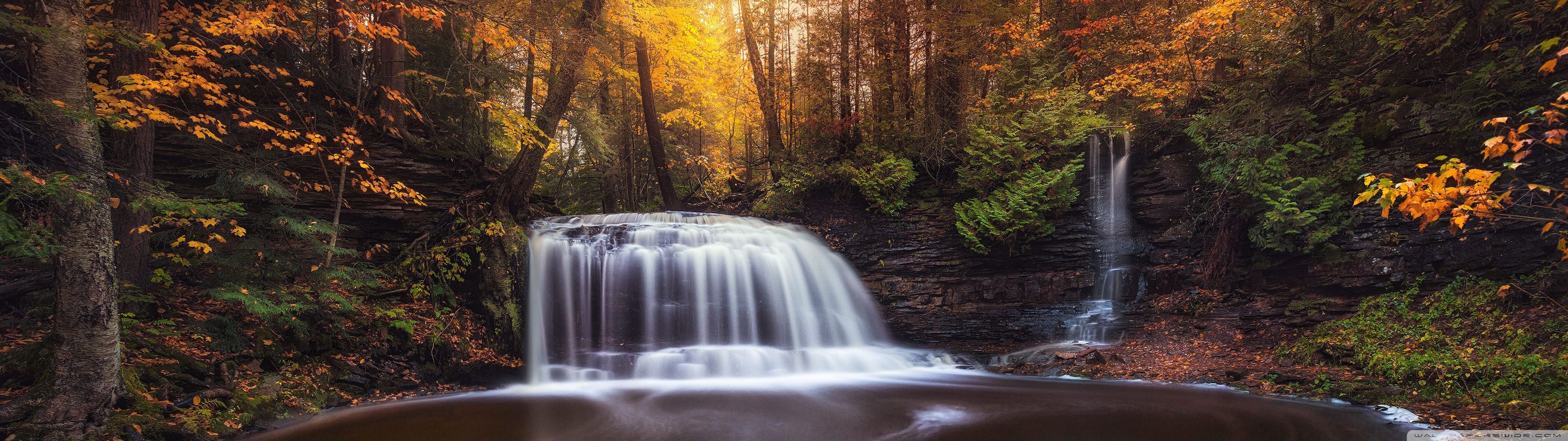 3840x1080 Forest Waterfall on a Sunny Autumn Day 4K UHD Wallpaper for UltraHD Desktop and TV : Widescreen and UltraWide Display : Dual Monitor : Smartphone and Tablet Devices