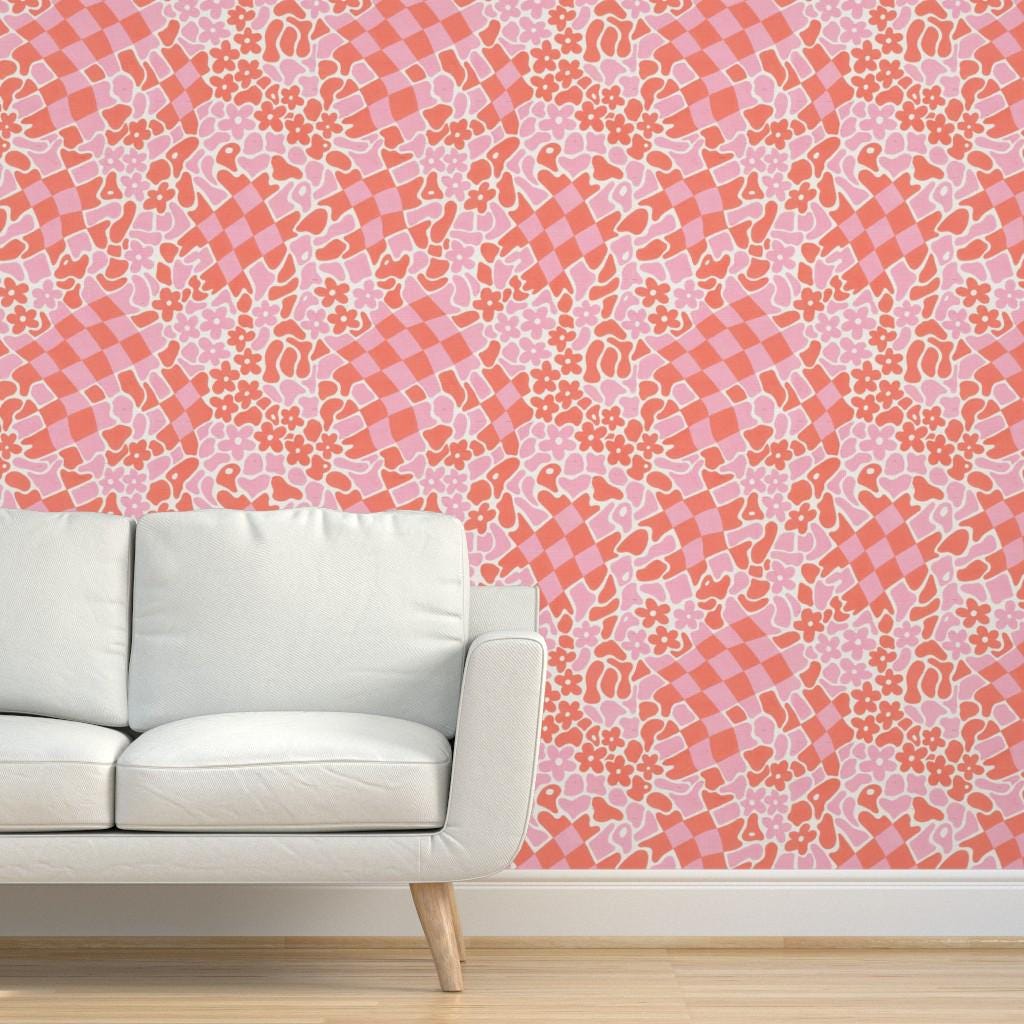 1024x1024 Vintage Orange Pink Grasscloth Wallpaper Abstract Checks by cj_southern Floral Y2k Textured Sisal Wallpaper