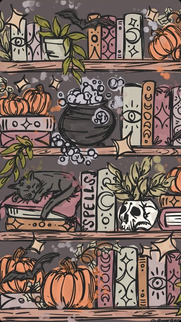 736x1308 Witchy Wallpaper with Books and Pumpkins. Fall kindle wallpaper, Witchy fall wallpaper, Halloween kindle wallpaper