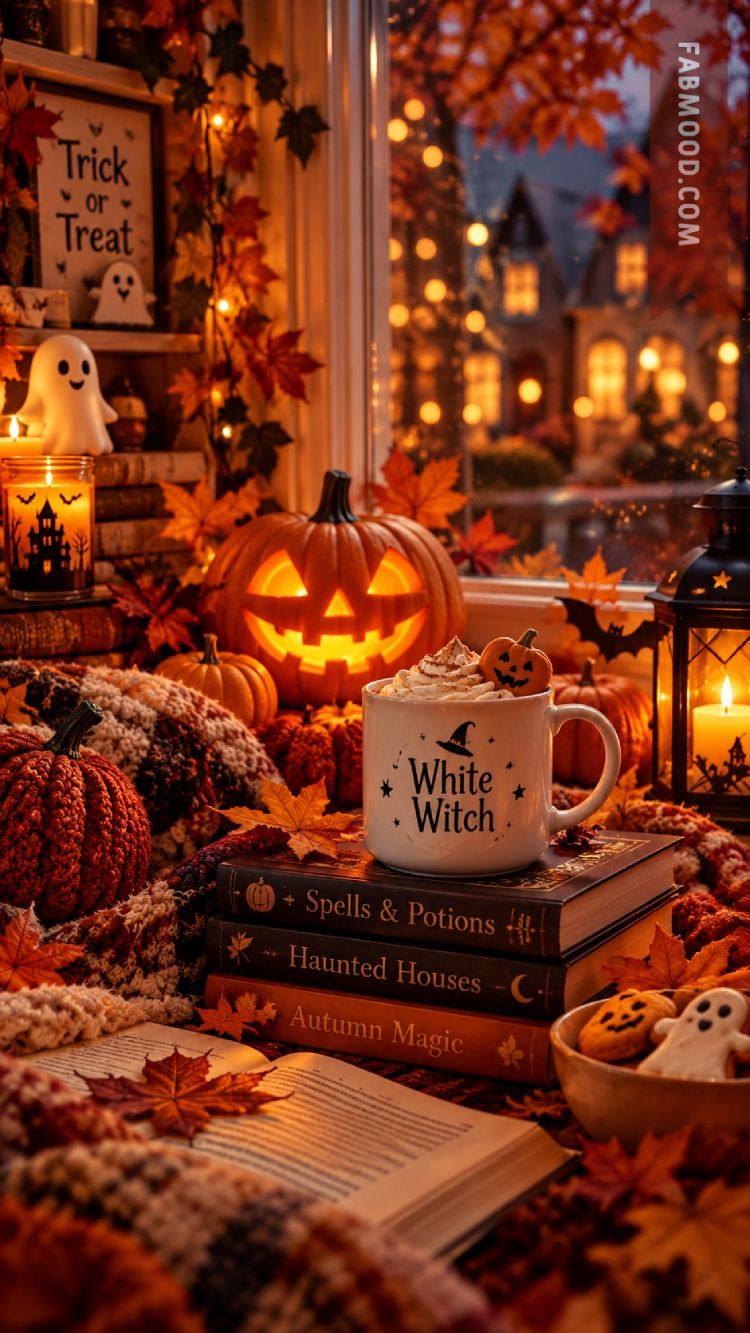 750x1333 Cozy Witchy Halloween Aesthetic : Books & Pumpkin spice latte