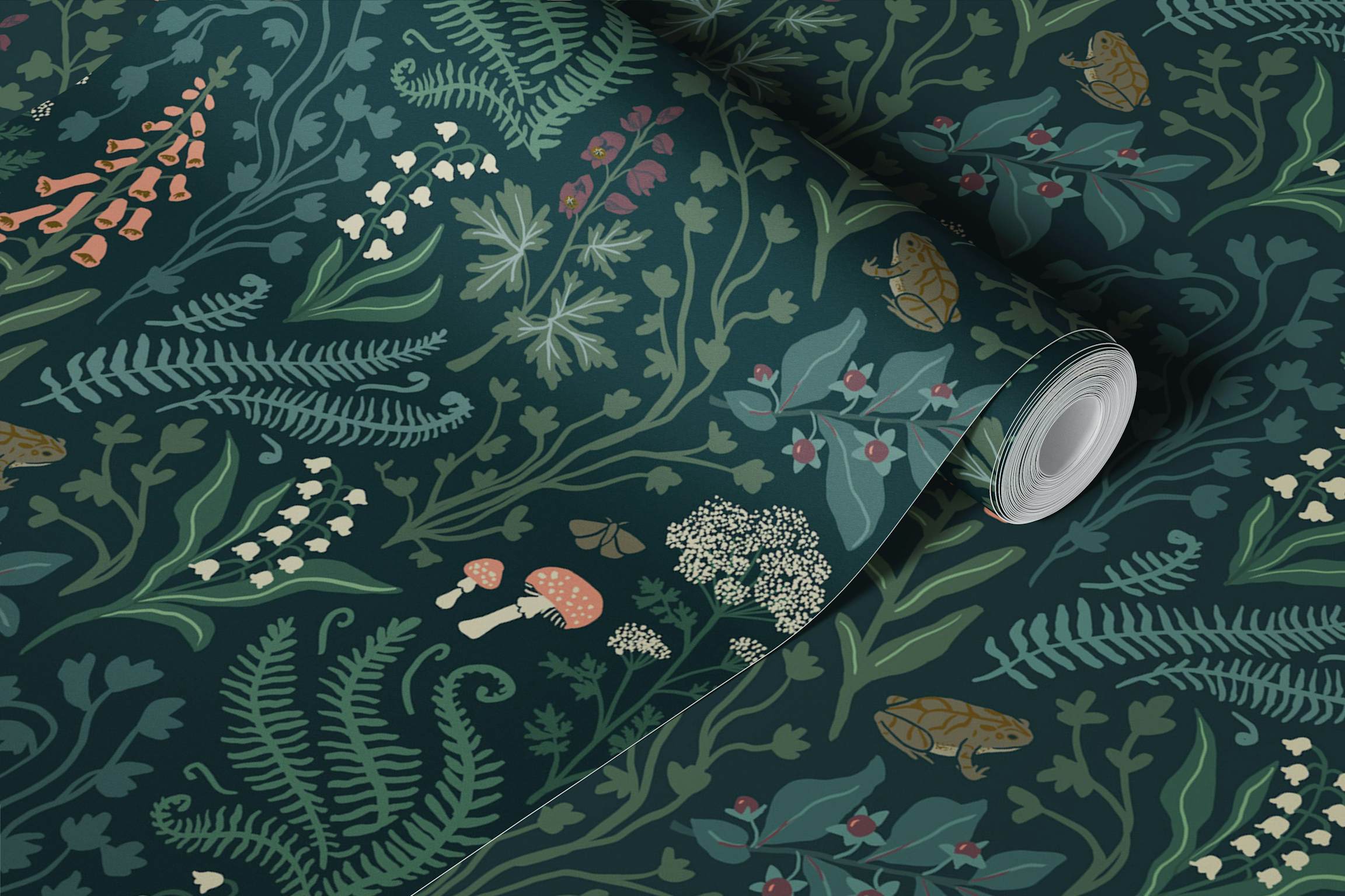 2304x1536 Forest Botanicals and Frogs Wallpaper in Dark Green Vintage Woodland Style