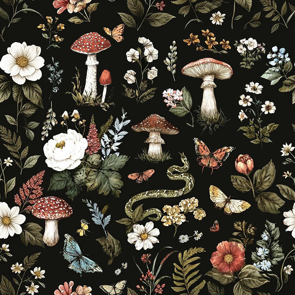 1000x1000 Dark Vintage Mushroom Forest Peel and Stick Wallpaper