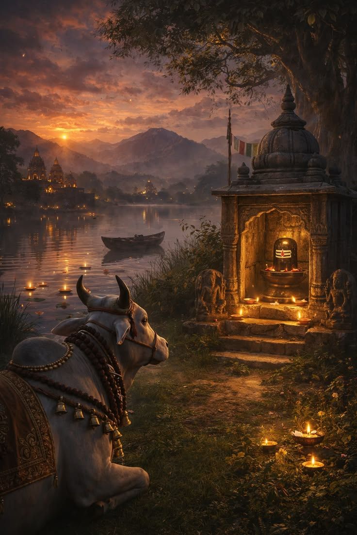 736x1104 Shiva Temple at Sunset. Peaceful Mahadev Shrine Wallpaper