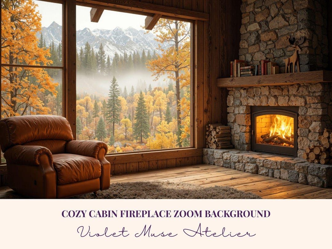 1080x810 Cozy Fall Cabin Zoom Background: Autumn Fireplace Virtual Backdrop (4K Digital Download)