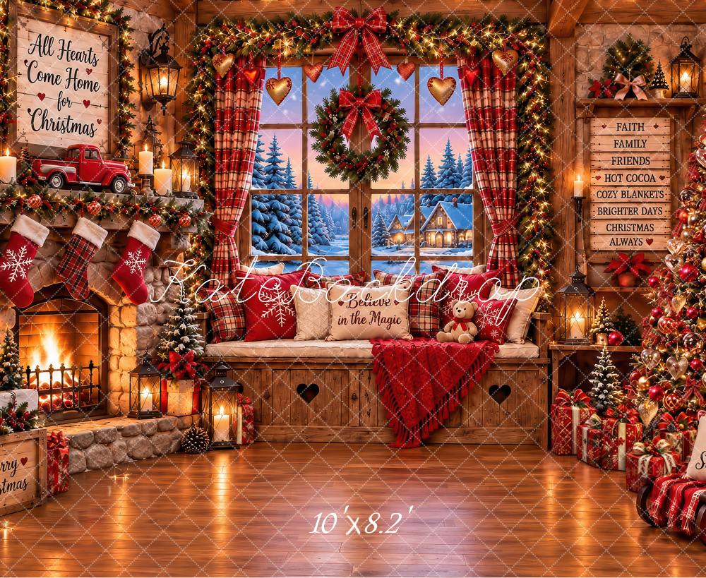 1000x819 Kate Christmas Rustic Cabin Fireplace Window Wreath Trees Printed Back