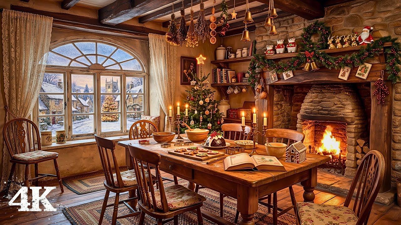 1280x720 Cozy Winter Cottage. As Snow Falls, Let Christmas Bloom with Crackling Fire & Gentle Chimes