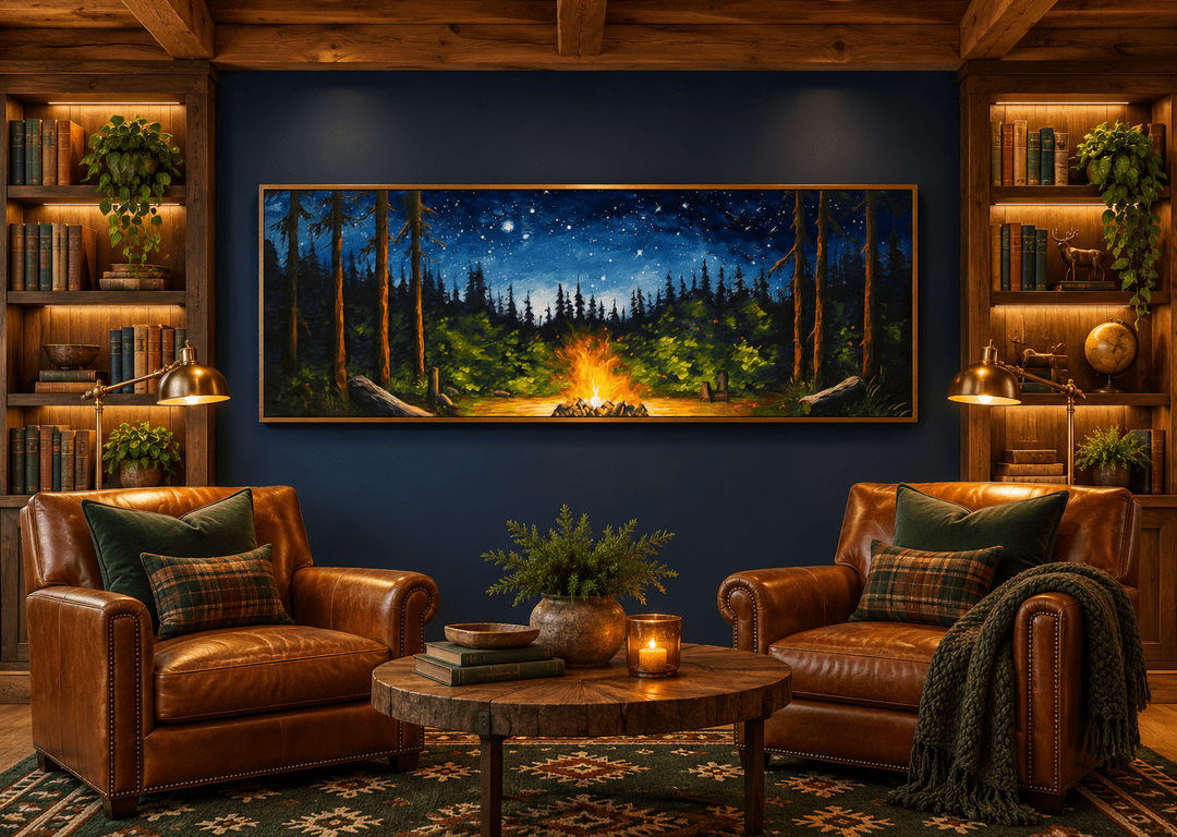1080x768 Campfire Forest Cabin Wall Art. Cozy Rustic Decor