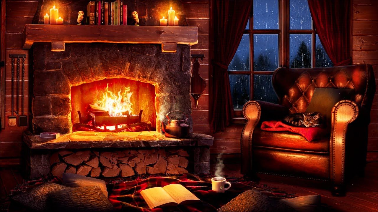 1280x720 Cabin Fireplace Wallpaper