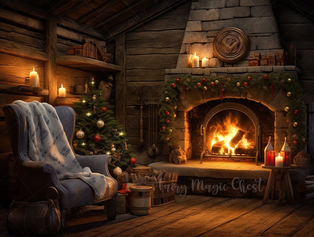 1080x814 Rustic Christmas Cabin Fireplace Digital Photography Backdrop (instant Download)