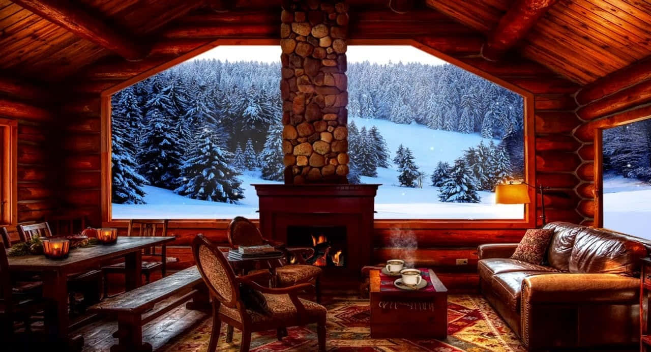 1280x692 Download A Warm and Cozy Winter Cabin Nestled in Snowy Forests Wallpaper