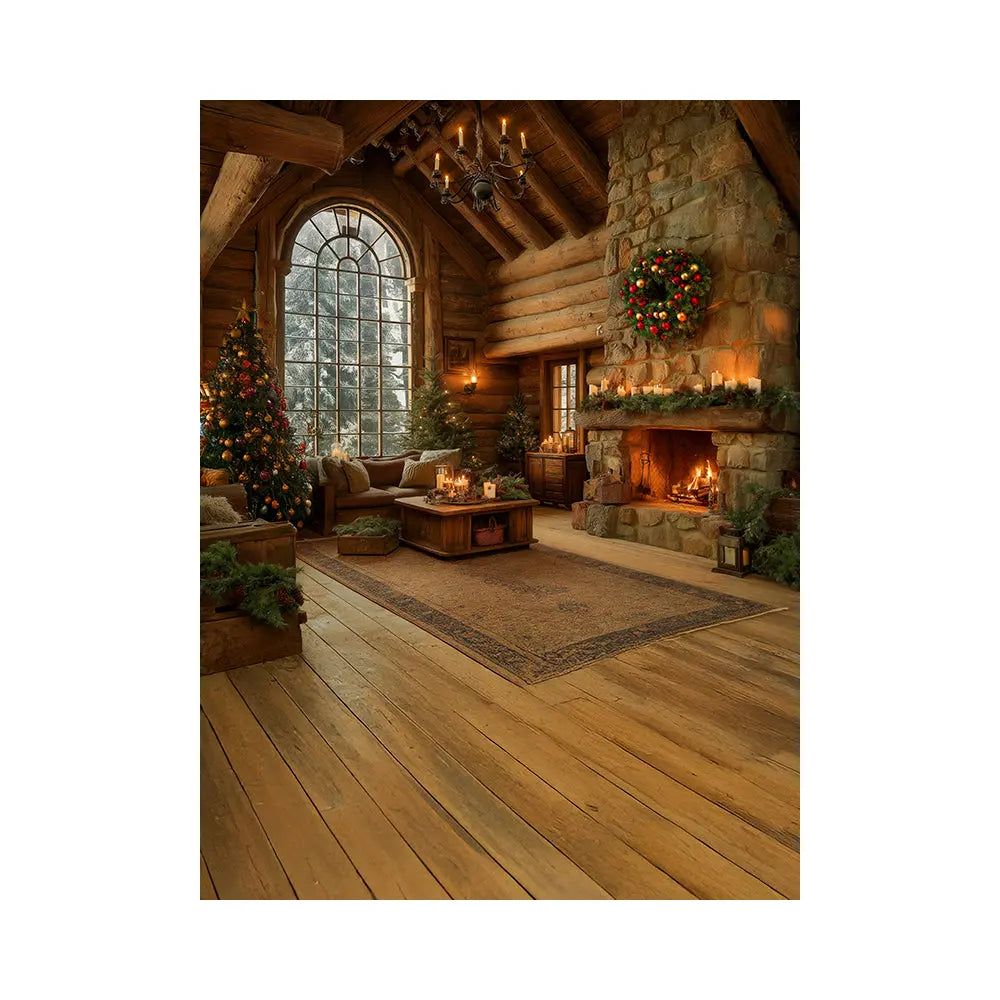 1000x1000 Christmas Cabin Backdrop, Fire in the Hearth Interior Backdrop