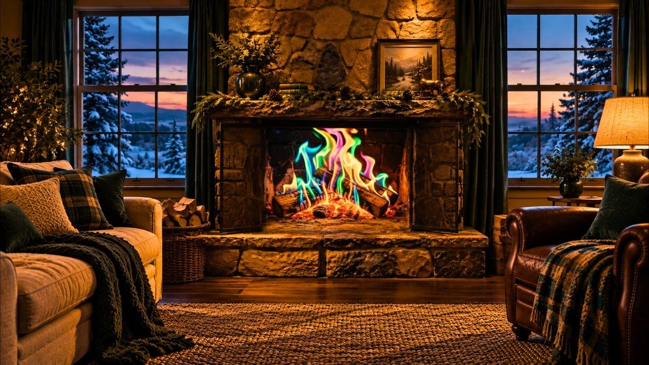 1280x720 Magical Winter Fireplace ❄️ Cozy Snowy Cabin Ambience & Colourful Flames