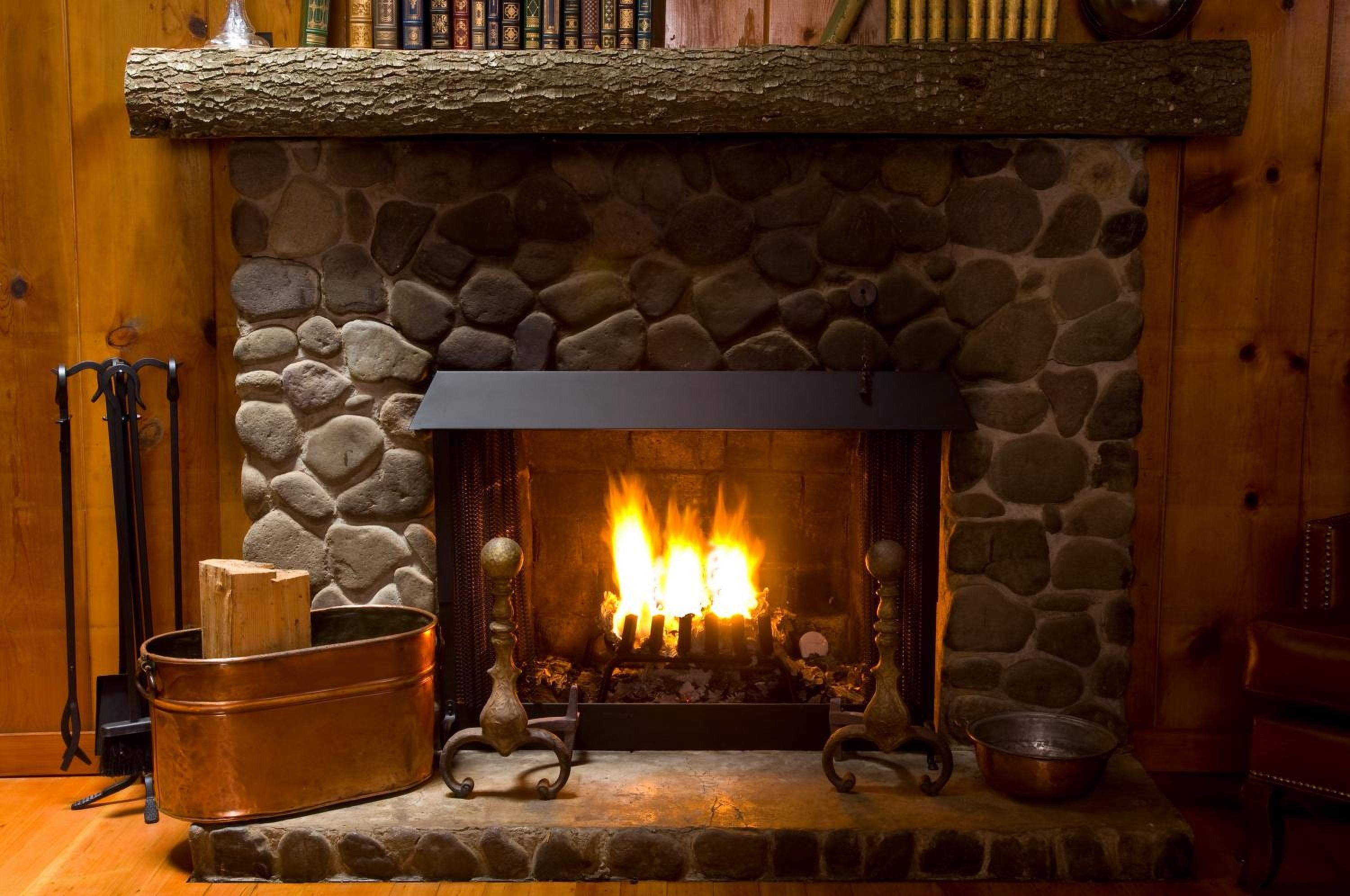3000x1992 Wallmonkeys Close Up Of Stone Fireplace In Log Cabin With Blazing Fire Peel And Stick Wall Decals Mural WM307781 (24 In W X 16 In H)