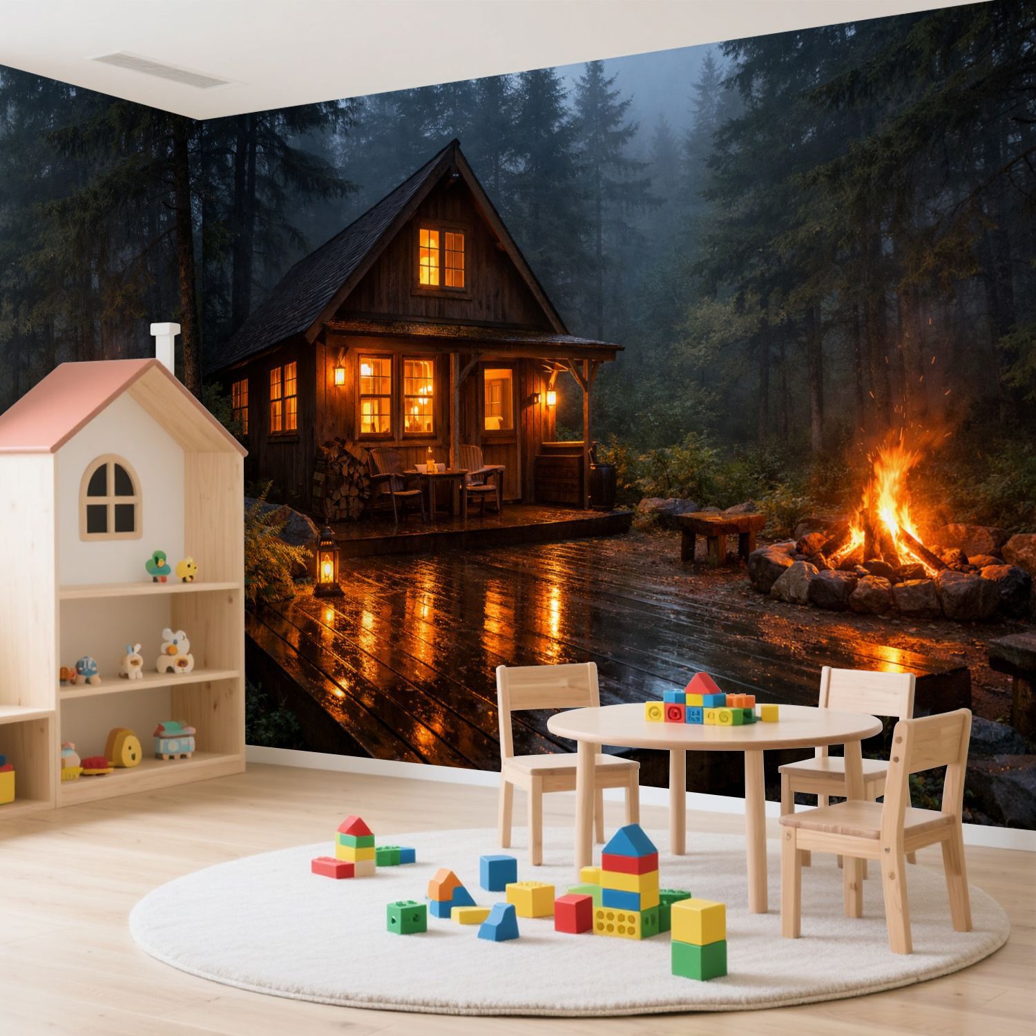 1500x1500 Red Barrel Studio® Peel and Stick Wallpaper Modern Self Adhesive Wall Mural for Bedroom Cozy Cabin Forest Glowing Fireplace Dusk Print