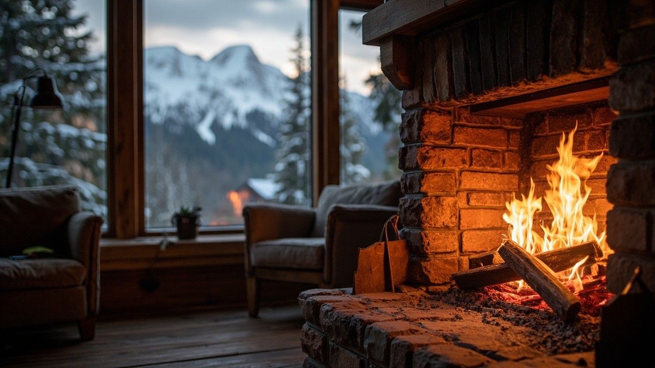 1280x720 Roaring Fireplace In Mountain Cabin With Snow Capped Peaks View