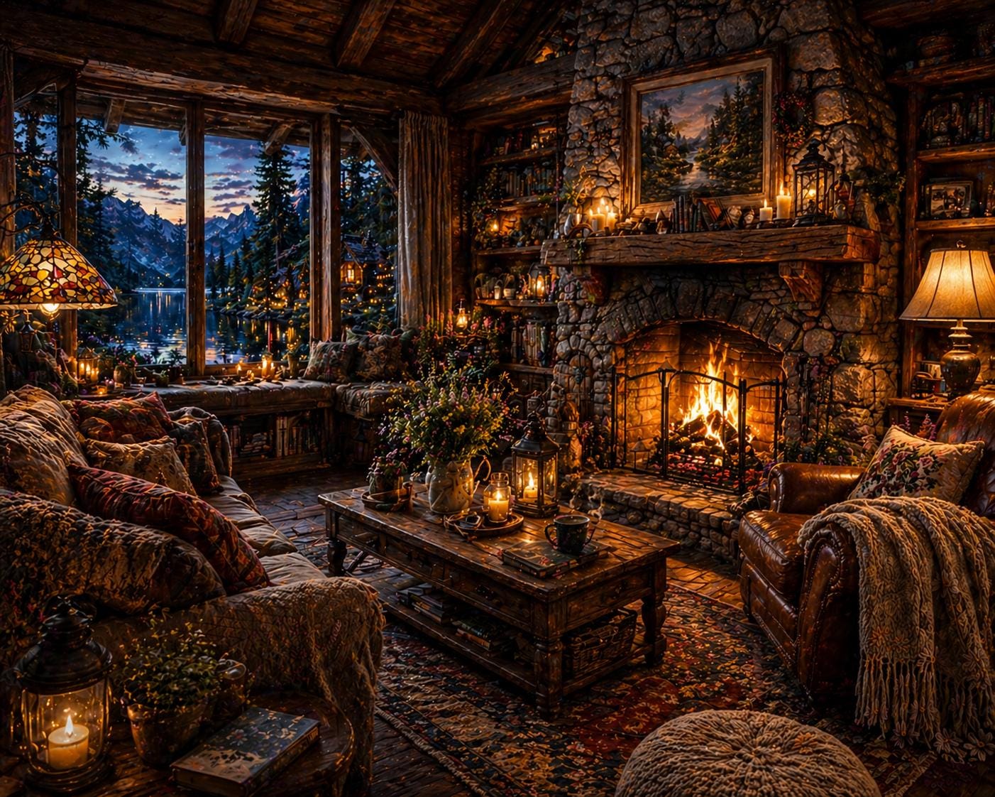 1402x1122 Enchanted Cabin Interior Wall Art. Cozy Cottagecore Fireplace Print. Rustic Luxury Lodge Decor. Dreamy Mountain Retreat