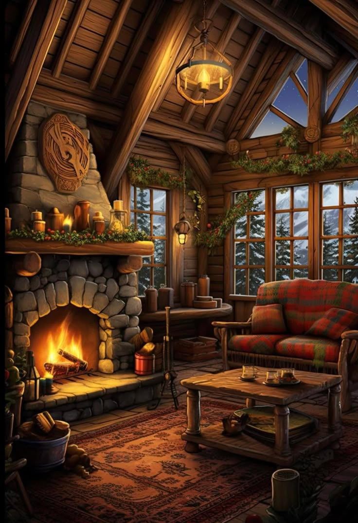 736x1075 Cozy Log Home Living Room. Cozy cabin art, Cabin fireplace wallpaper, Cozy cabin interior illustration