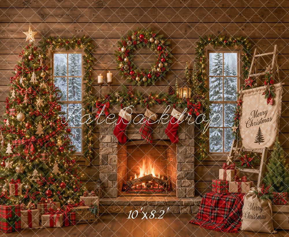 1000x819 Kate Christmas Rustic Cabin Fireplace Tree Ladder Printed Backdrop Des