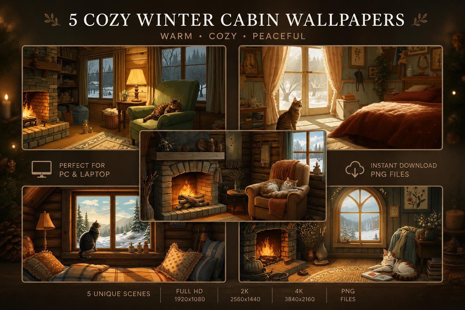 1536x1024 Cozy Winter Cabin Cat Wallpaper Pack. Warm Fireplace PC Background. Full HD, 2K & 4K Digital Download Computer Background