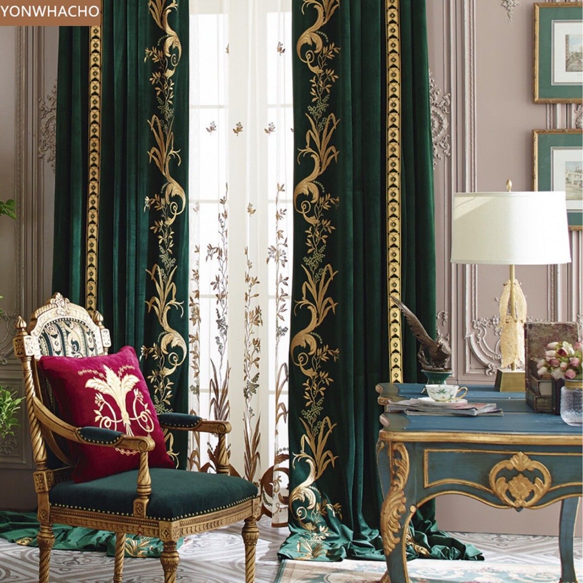 1200x1200 luxury villa embroidered green thick velvet cloth blackout curtain valance B640