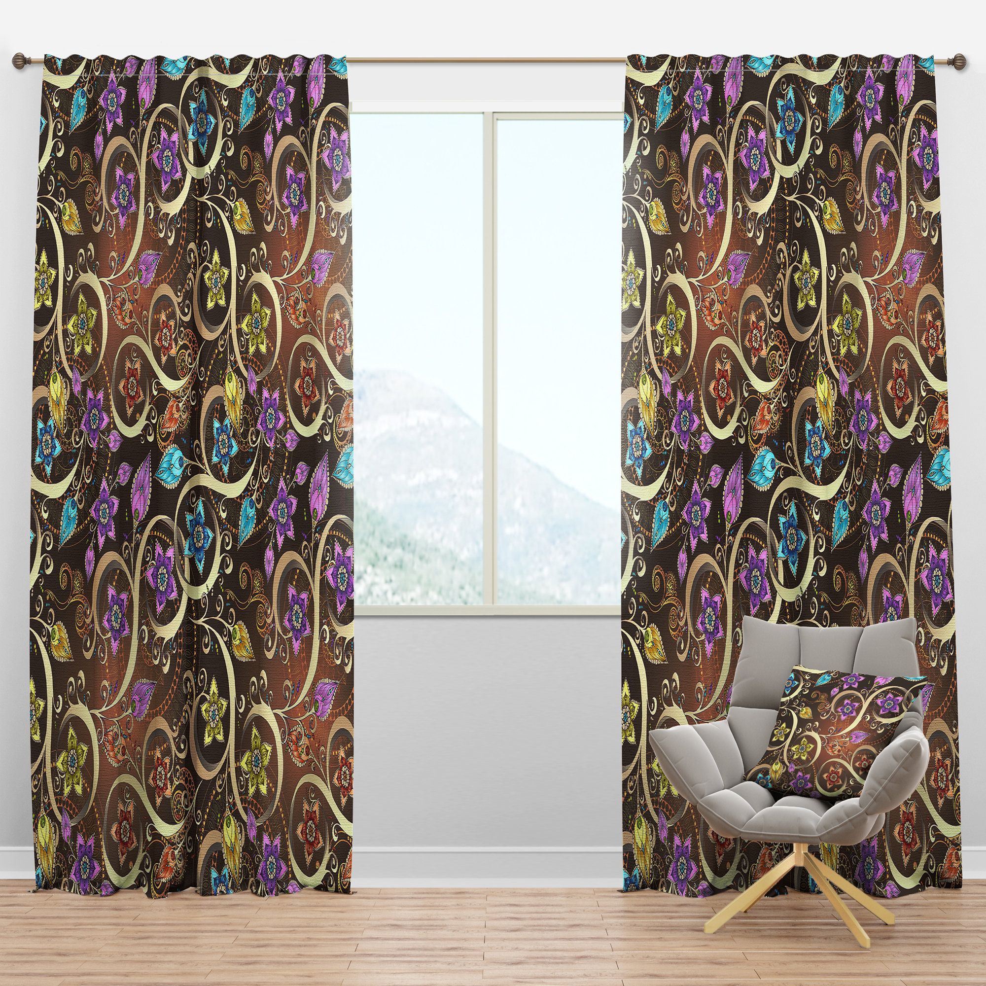 2000x2000 Designart 'Ornamented Colored Pattern with Flowers and Paisley' Floral Curtain Single Panel in. wide x 95 in. high