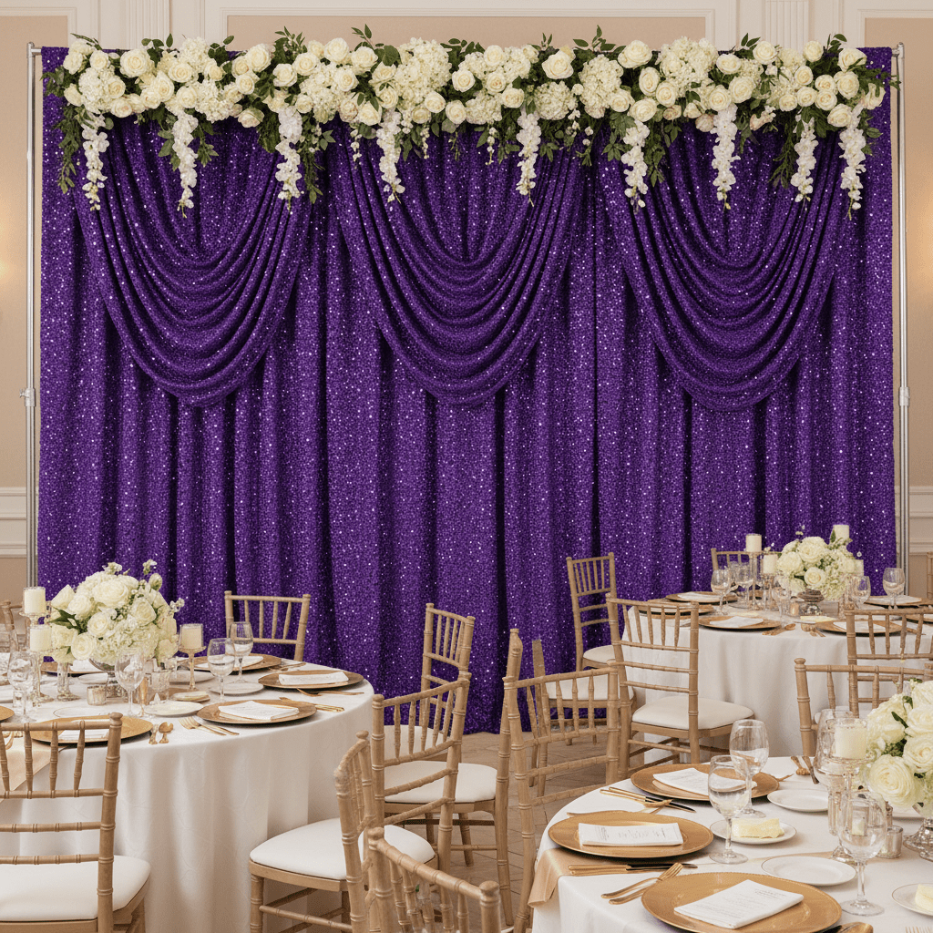 1024x1024 Purple Sequin Velvet Drape Backdrop Curtain Panel Size: 12 Ft H X 52 In W. Wedding. Event. Wholesale By CV Linens