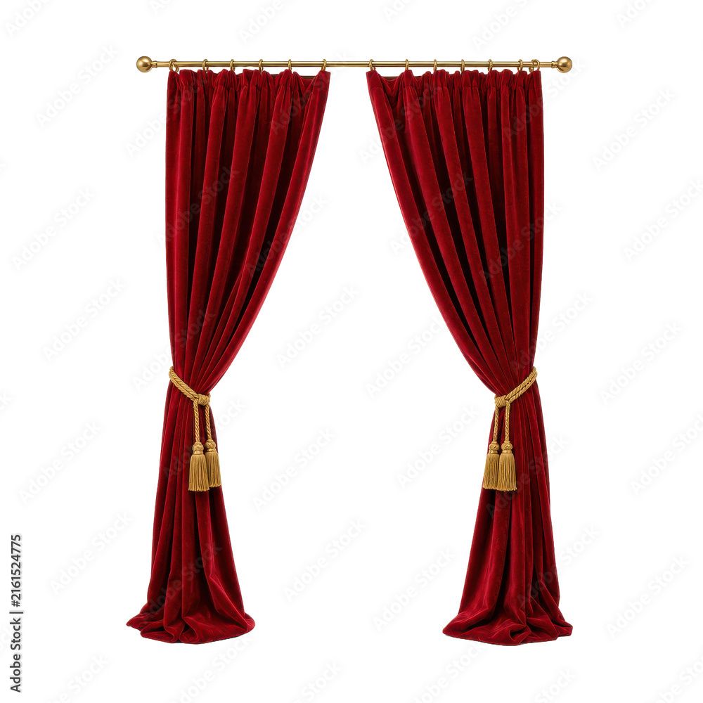1000x1000 Elegant red velvet theater curtains, tied back with golden ropes and tassels, ha Wall Mural. Buy online at